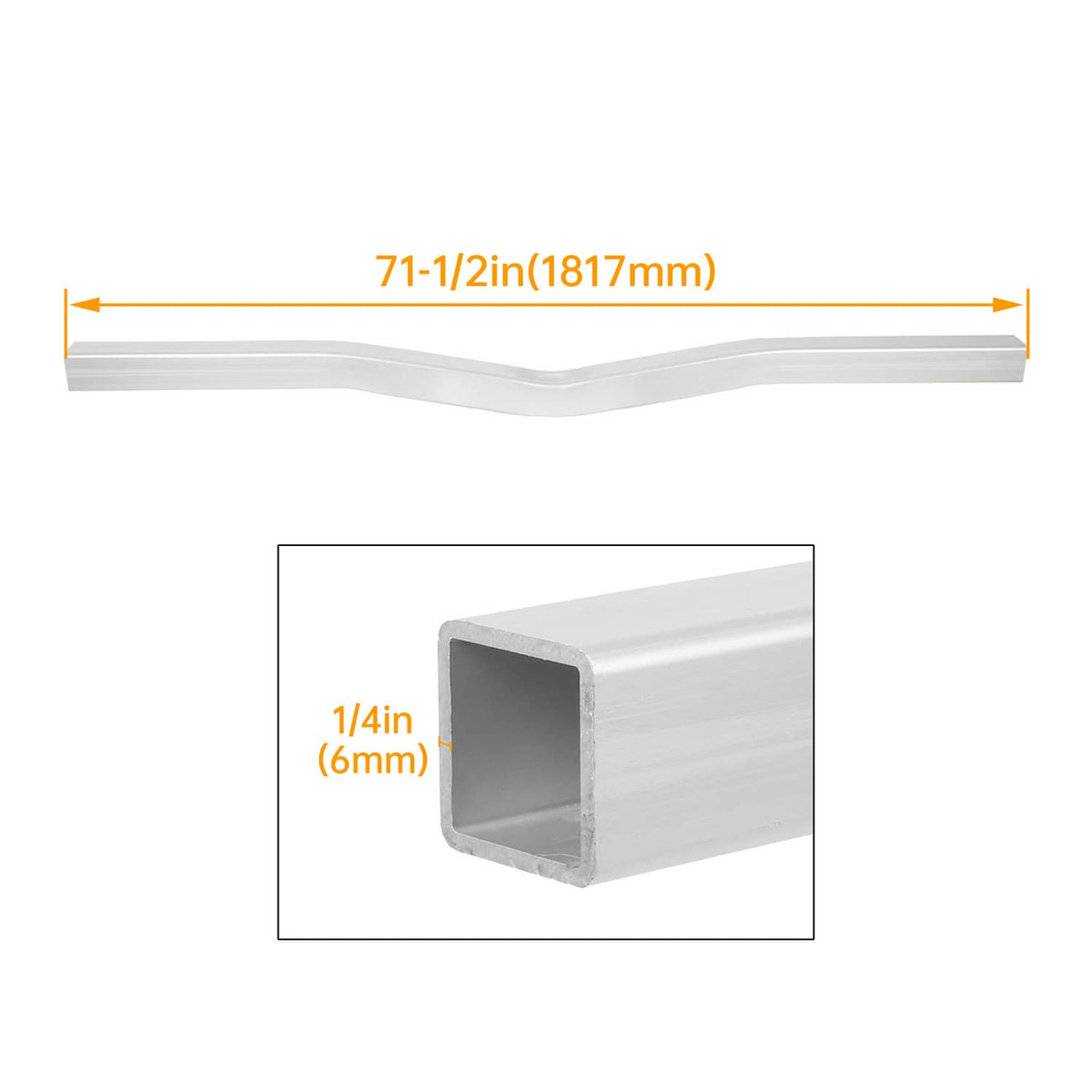 Silver V-bend square tube crossbar showing 1/4 in thick wall and interior opening