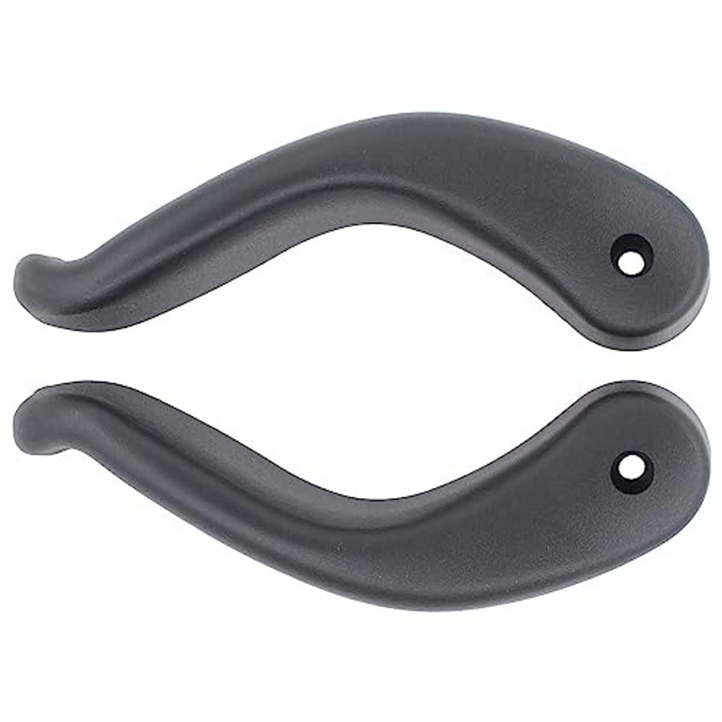 Two black seat adjustment lever handles with circular mounting holes