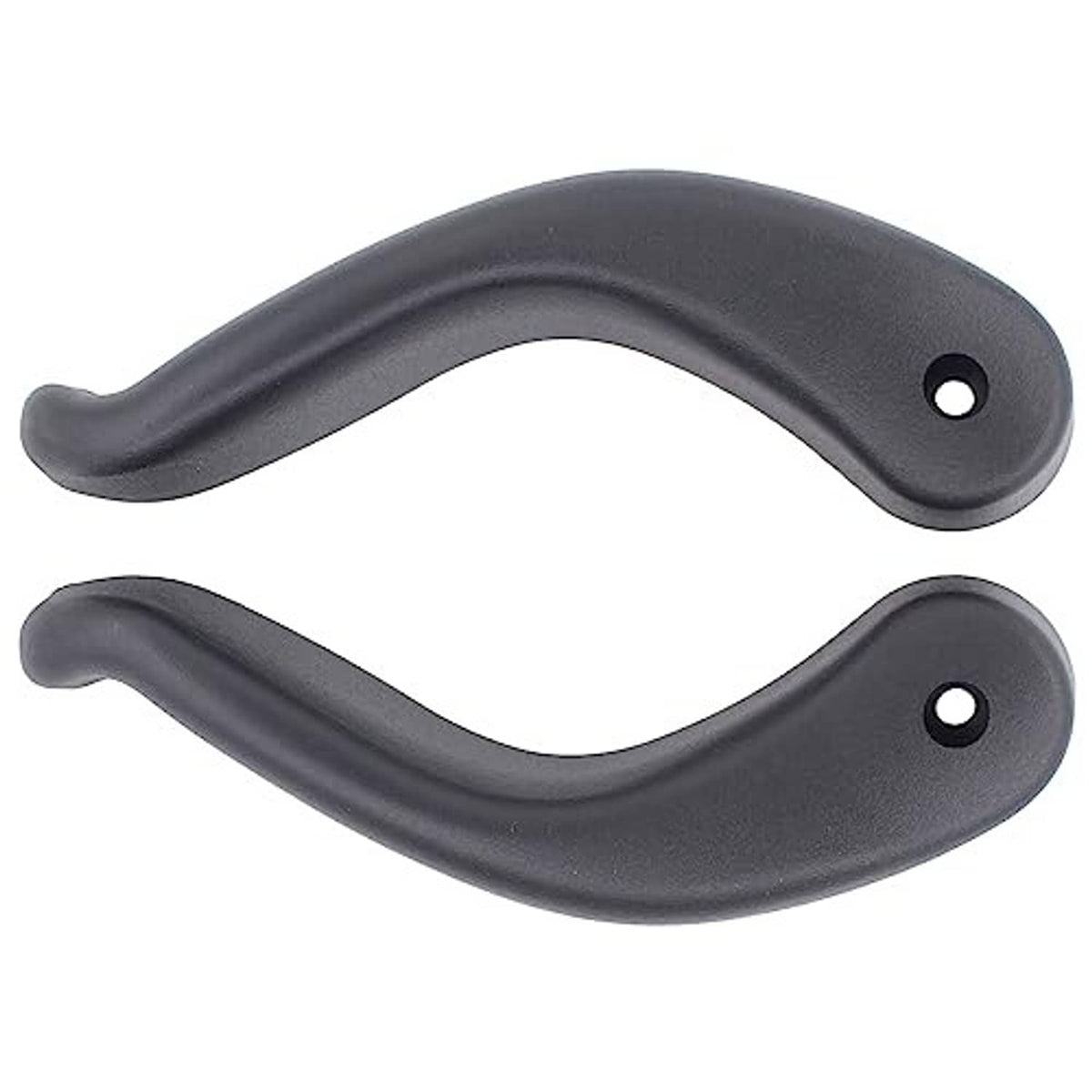 Two black seat adjustment lever handles with circular mounting holes