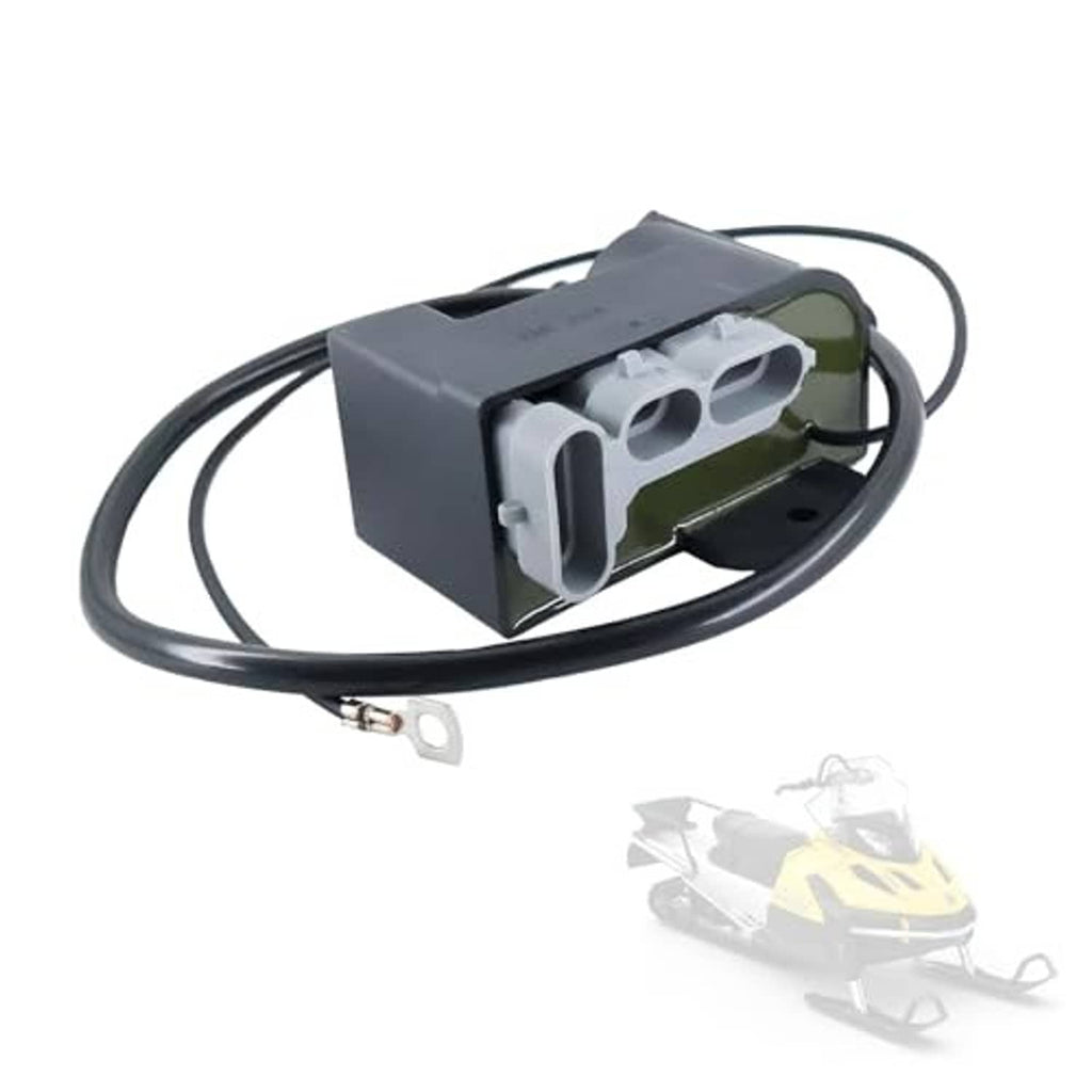 Ignition coil module shown at angle with twin connectors and black wiring lead