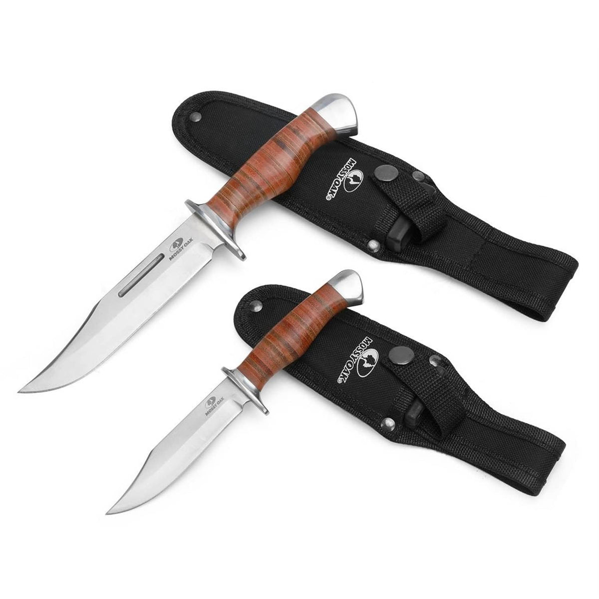2-piece Bowie knife set with wood handles and black fabric leather sheaths
