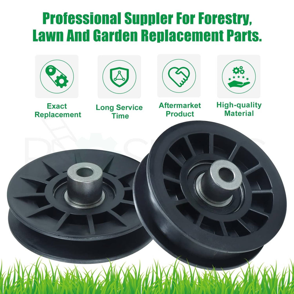 Two black idler pulleys with metal center hubs, replacement lawn tractor parts