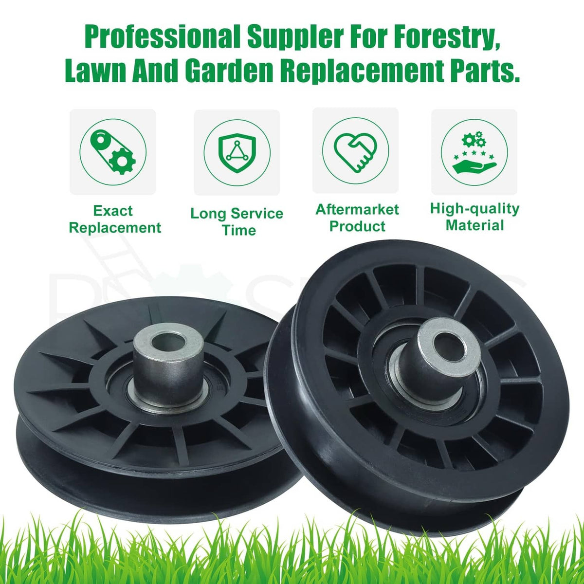 Two black idler pulleys with metal center hubs, replacement lawn tractor parts