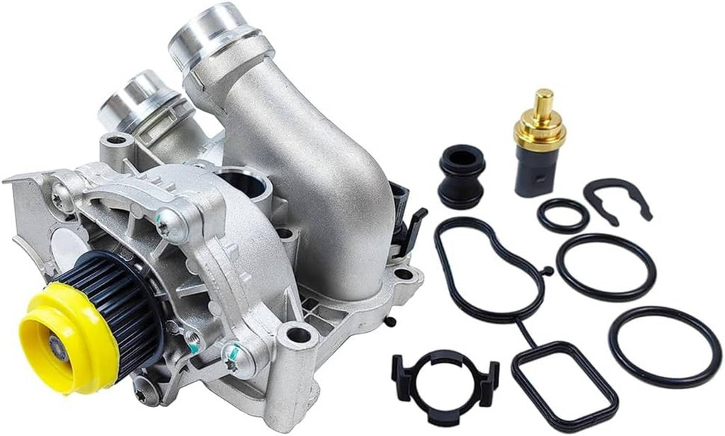 Water pump and thermostat assembly with silver housing, yellow pulley, and included seals