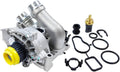 Water pump and thermostat assembly with silver housing, yellow pulley, and included seals