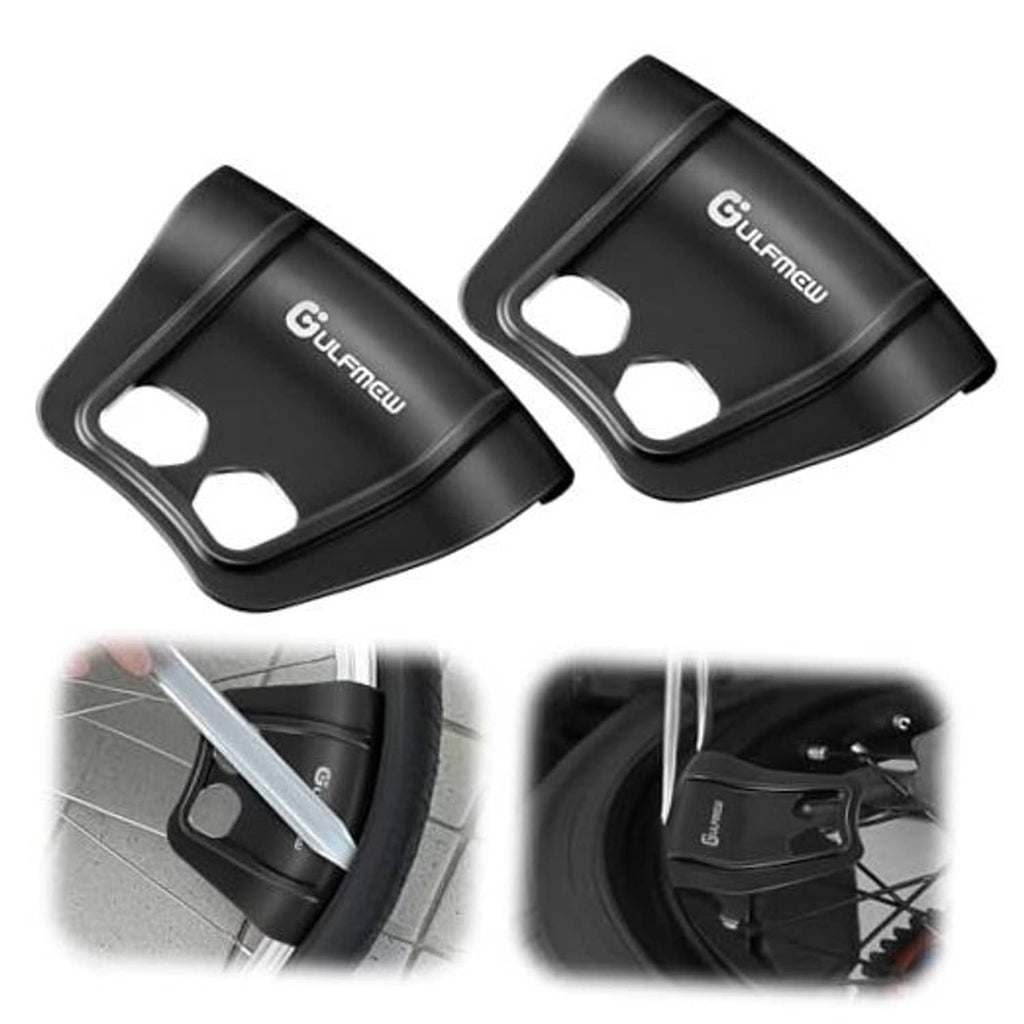 Pair of black curved wheel rim protectors with rectangular cutouts, Gufmewu logo.