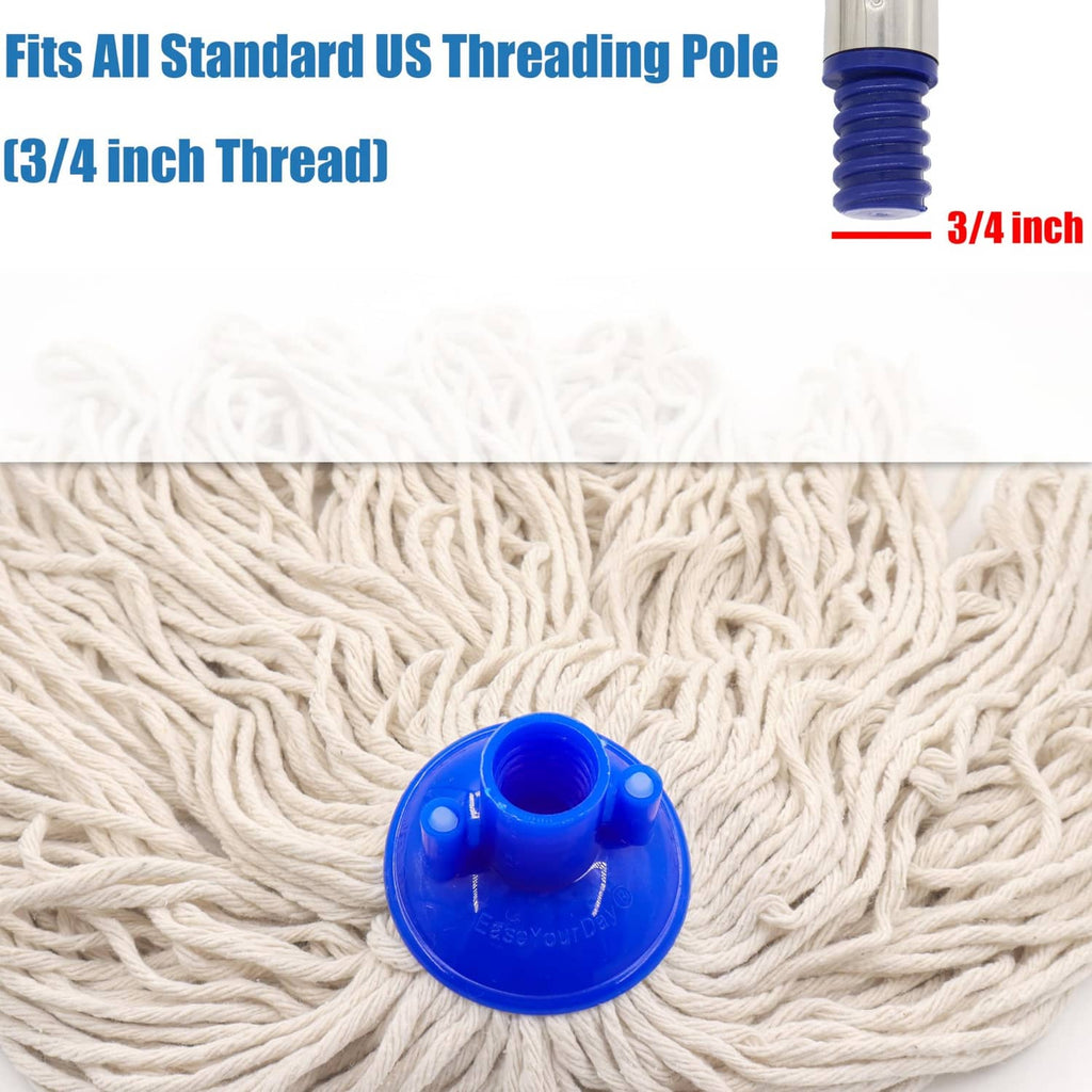 Cotton string mop head refill with blue threaded connector and beige yarn