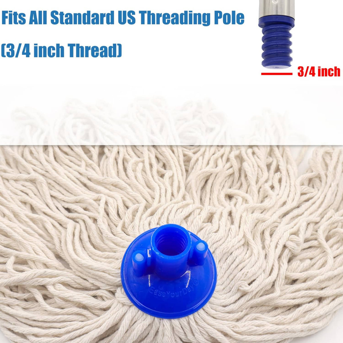 Cotton string mop head refill with blue threaded connector and beige yarn
