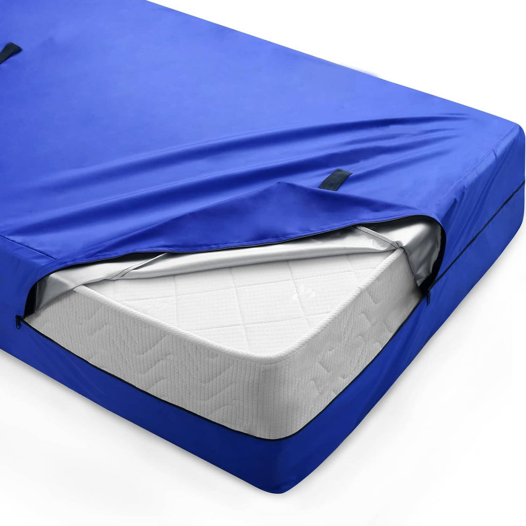 Queen blue mattress storage bag with zipper opening, fitted cover shape
