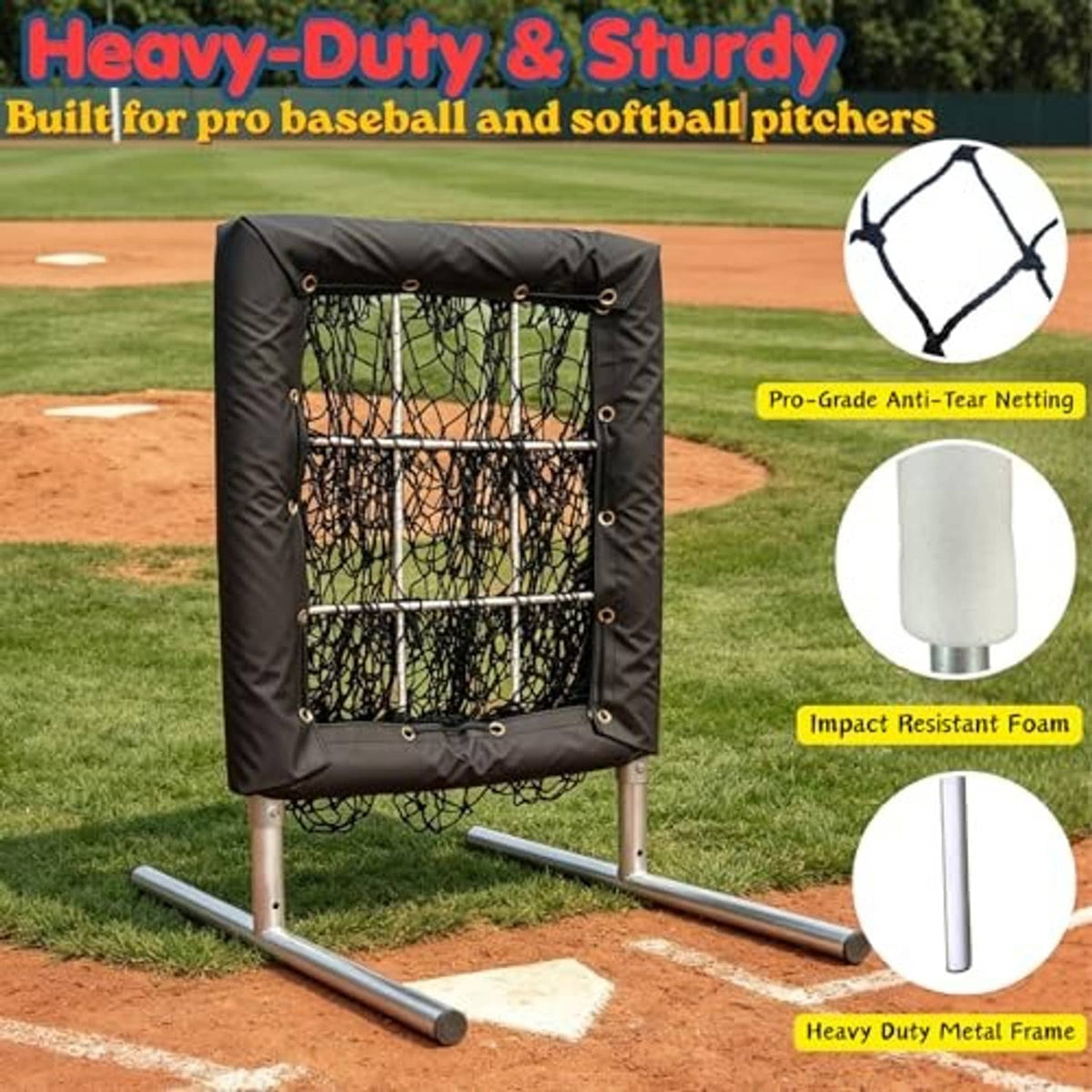Black heavy-duty pitching net with reinforced mesh and heavy metal frame stand