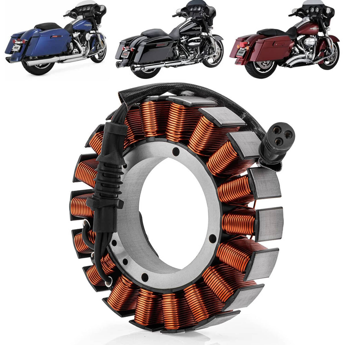 Motorcycle stator assembly shown with multiple bike styles, orange copper coils and gray core