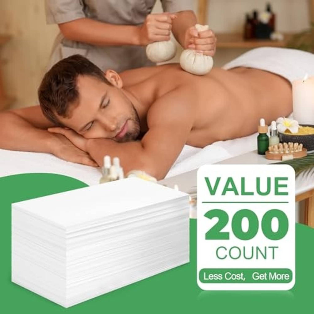 White disposable massage bed sheets stack with 200-count value badge
