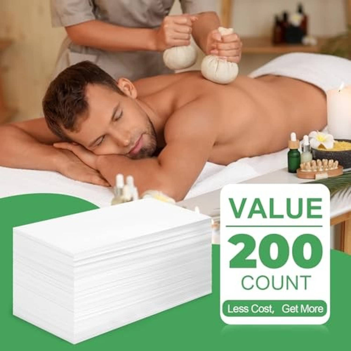 White disposable massage bed sheets stack with 200-count value badge