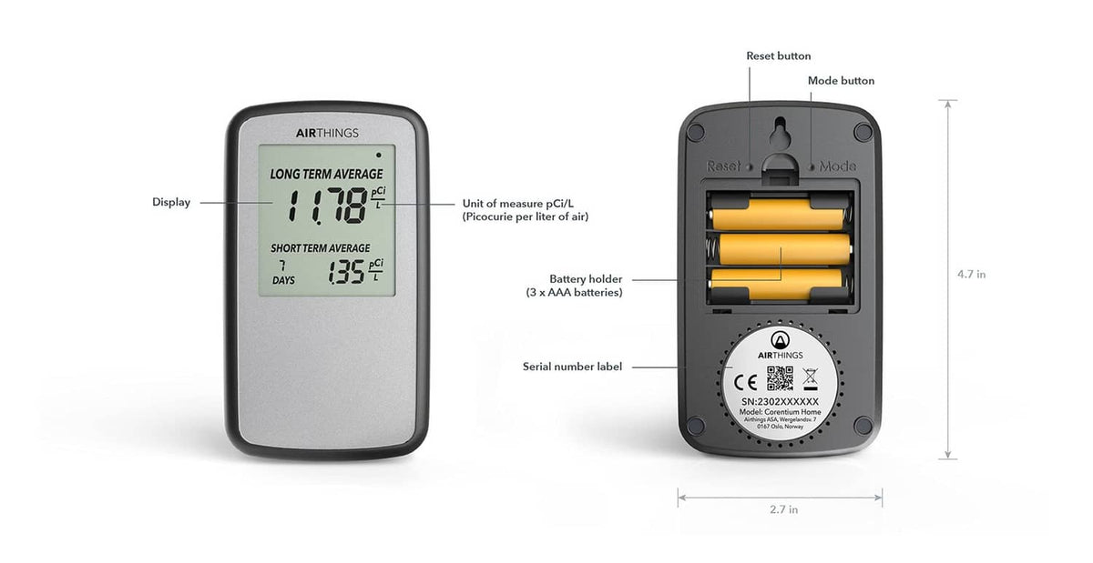 Front and back views of black Airthings radon detector with buttons and battery areas