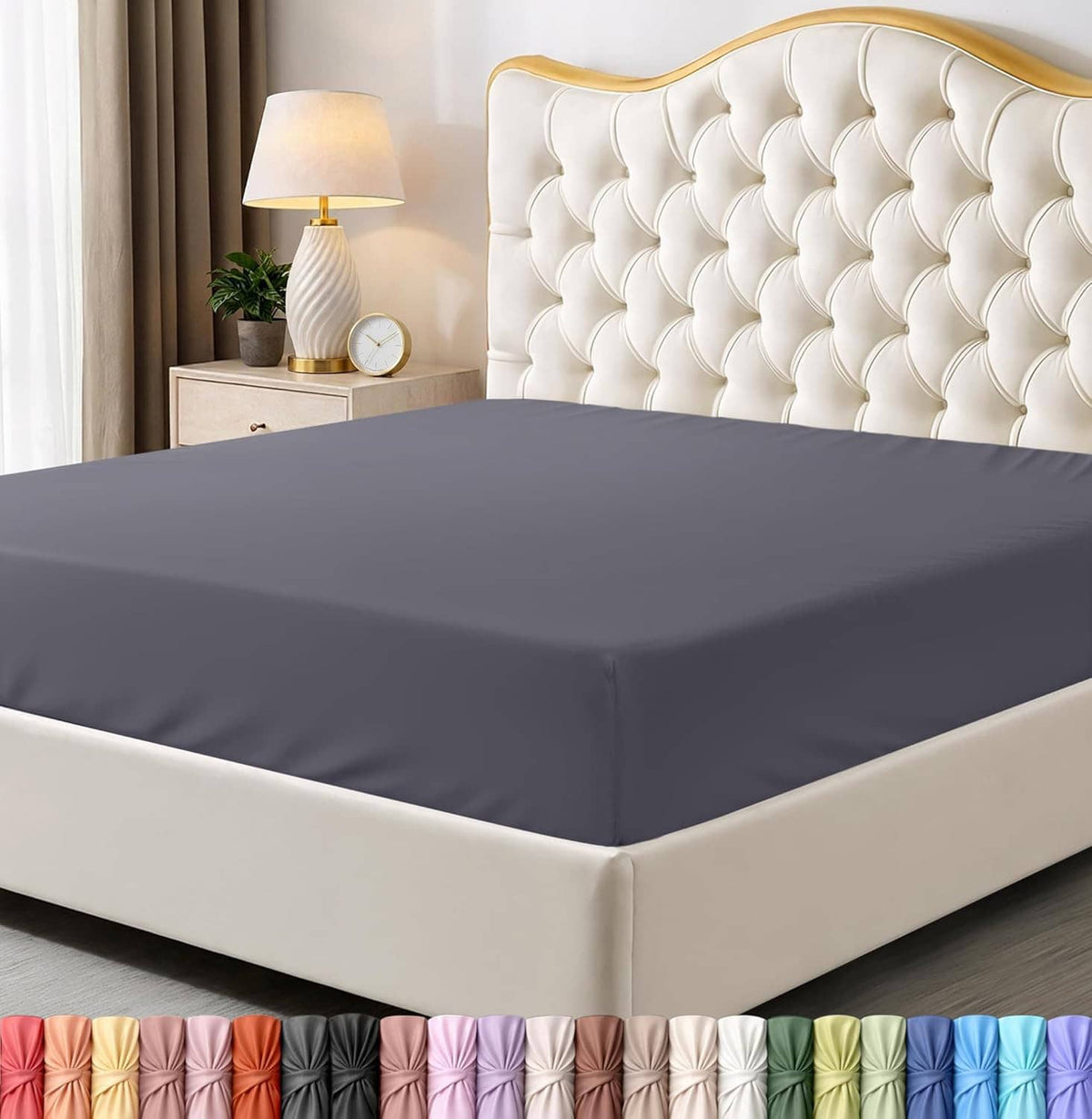 Queen fitted deep-pocket microfiber bottom sheet in dark gray with elastic corners