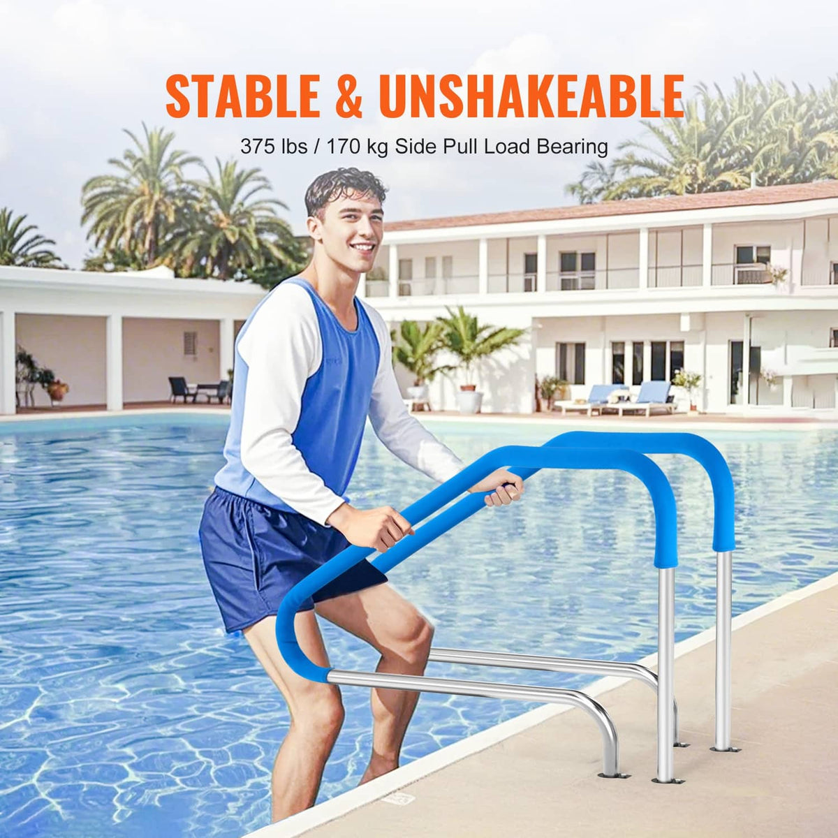 Stainless steel inground pool ladder handrail with blue grip, curved step rails