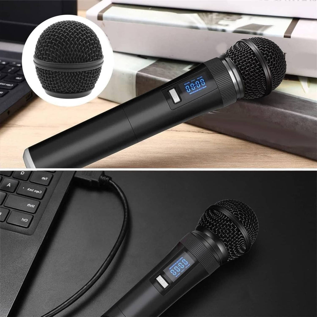 Black handheld microphone with LCD display and round mesh head cover set