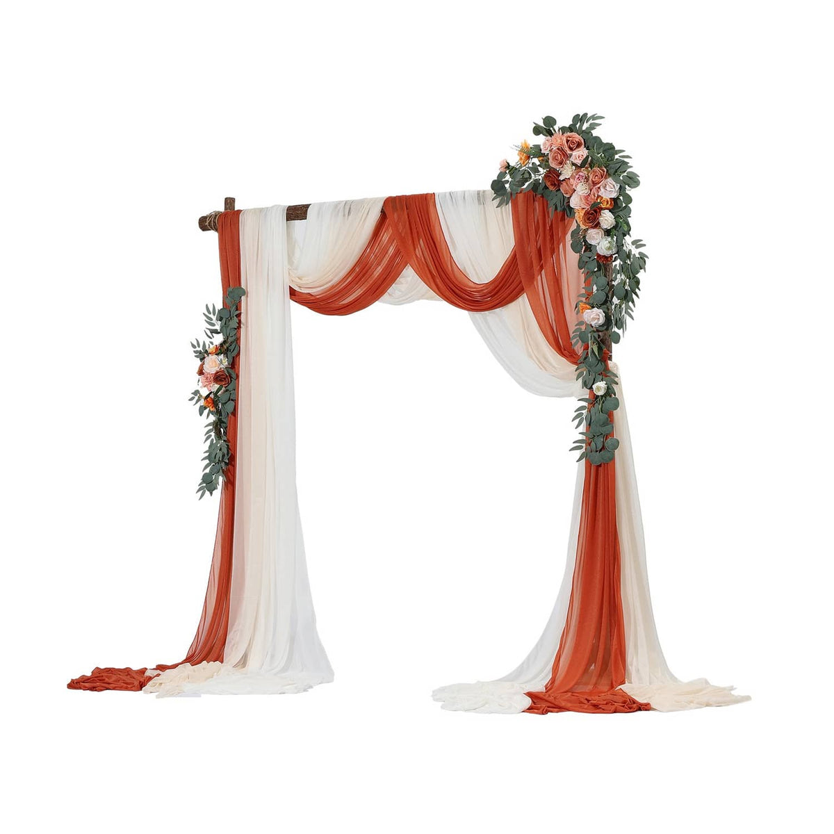 Orange and white wedding arch drapes with artificial floral corner garlands