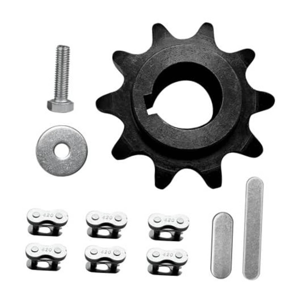 10-tooth chain sprocket with mounting bolt and washer, dark steel finish