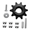 10-tooth chain sprocket with mounting bolt and washer, dark steel finish