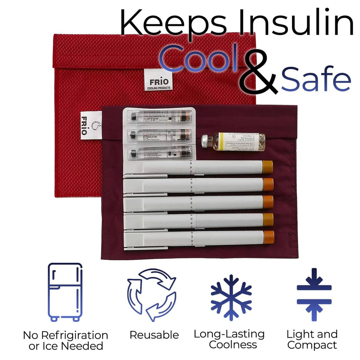 Red FRIO cooling case open with organizer holding insulin pens and a vial