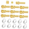 Brass compression union tube fitting with hex nut and barbed ends, multiple views