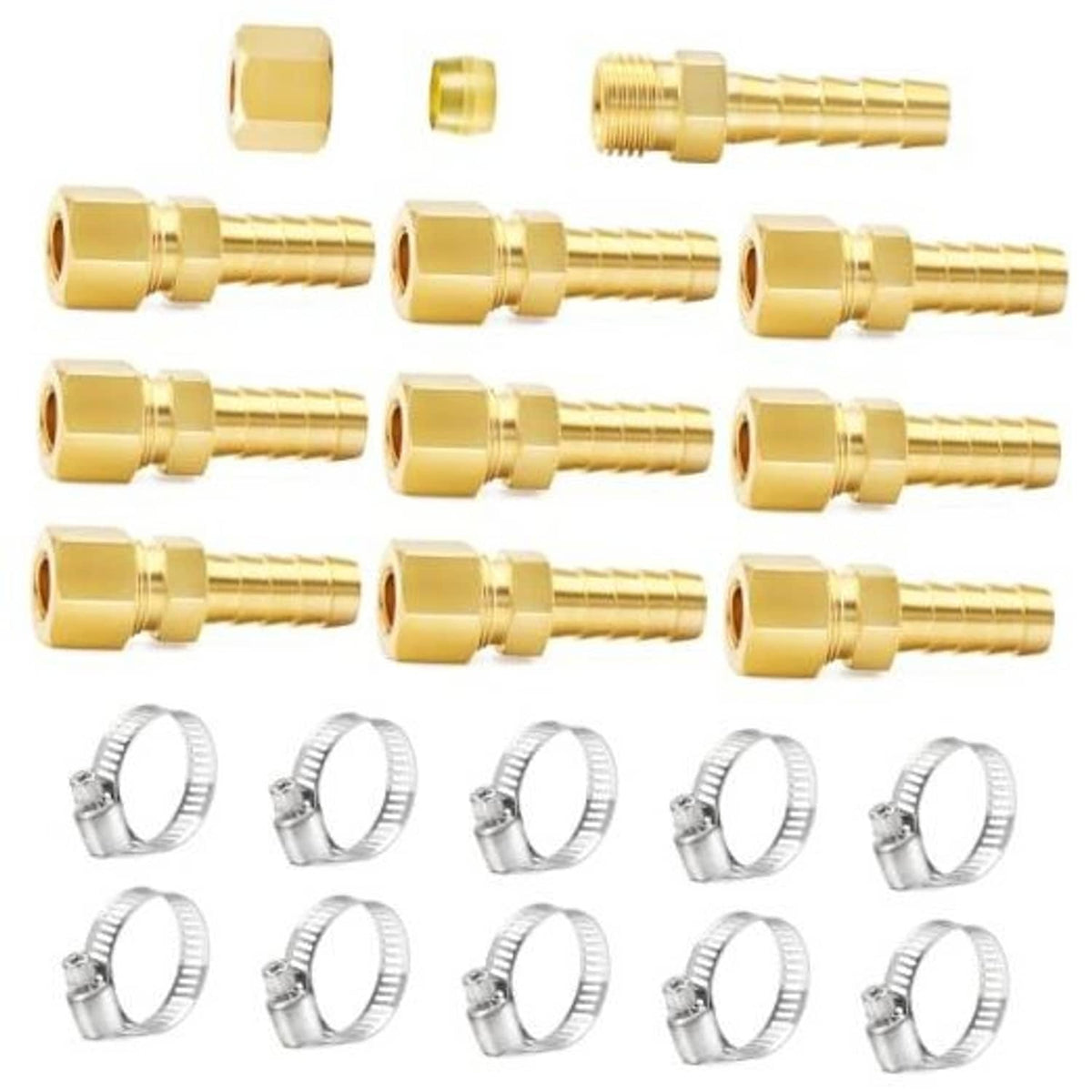 Brass compression union tube fitting with hex nut and barbed ends, multiple views