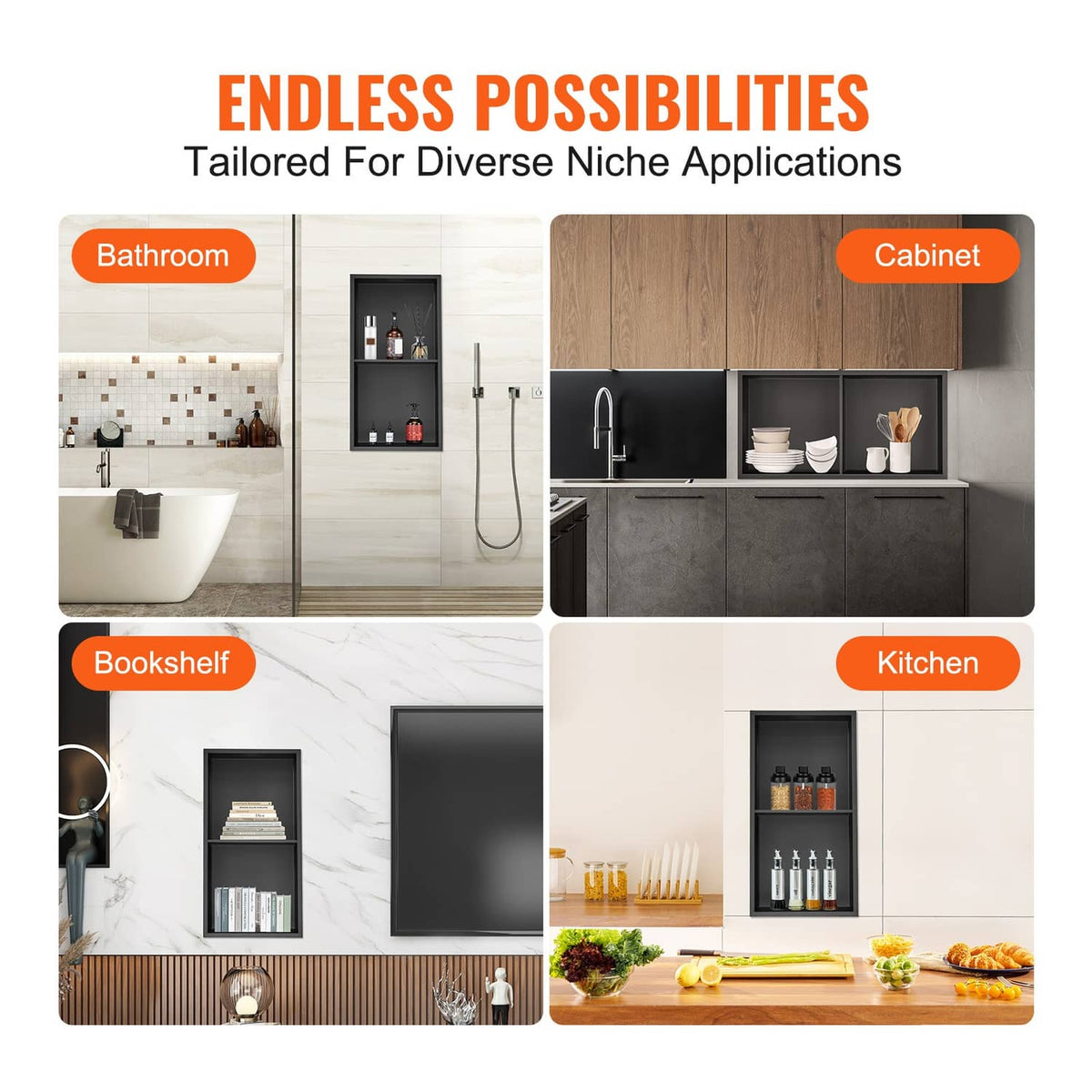 Black stainless steel wall niche insert shown for bathroom, kitchen, bookshelf, and cabinet use