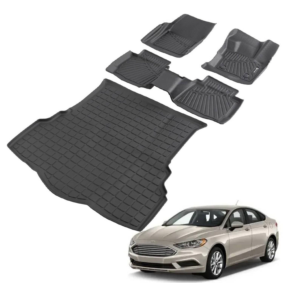 Black fitted rubber floor mat and trunk liner set with diamond grid texture and raised borders