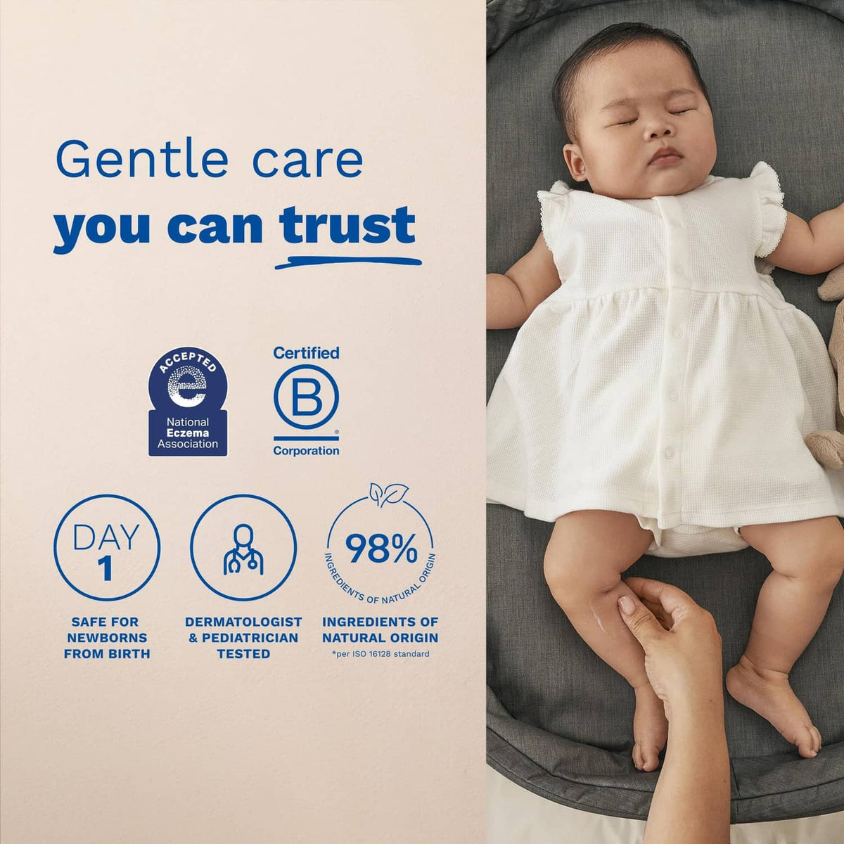 Diaper rash cream gentle care message on sleeping newborn