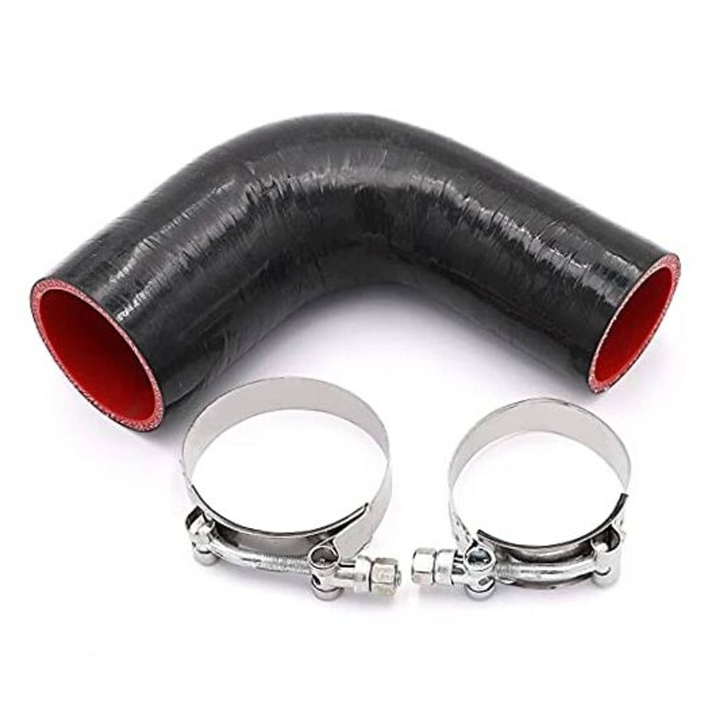 90-degree black silicone elbow hose coupler with red inner and metal hose clamps