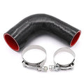 90-degree black silicone elbow hose coupler with red inner and metal hose clamps
