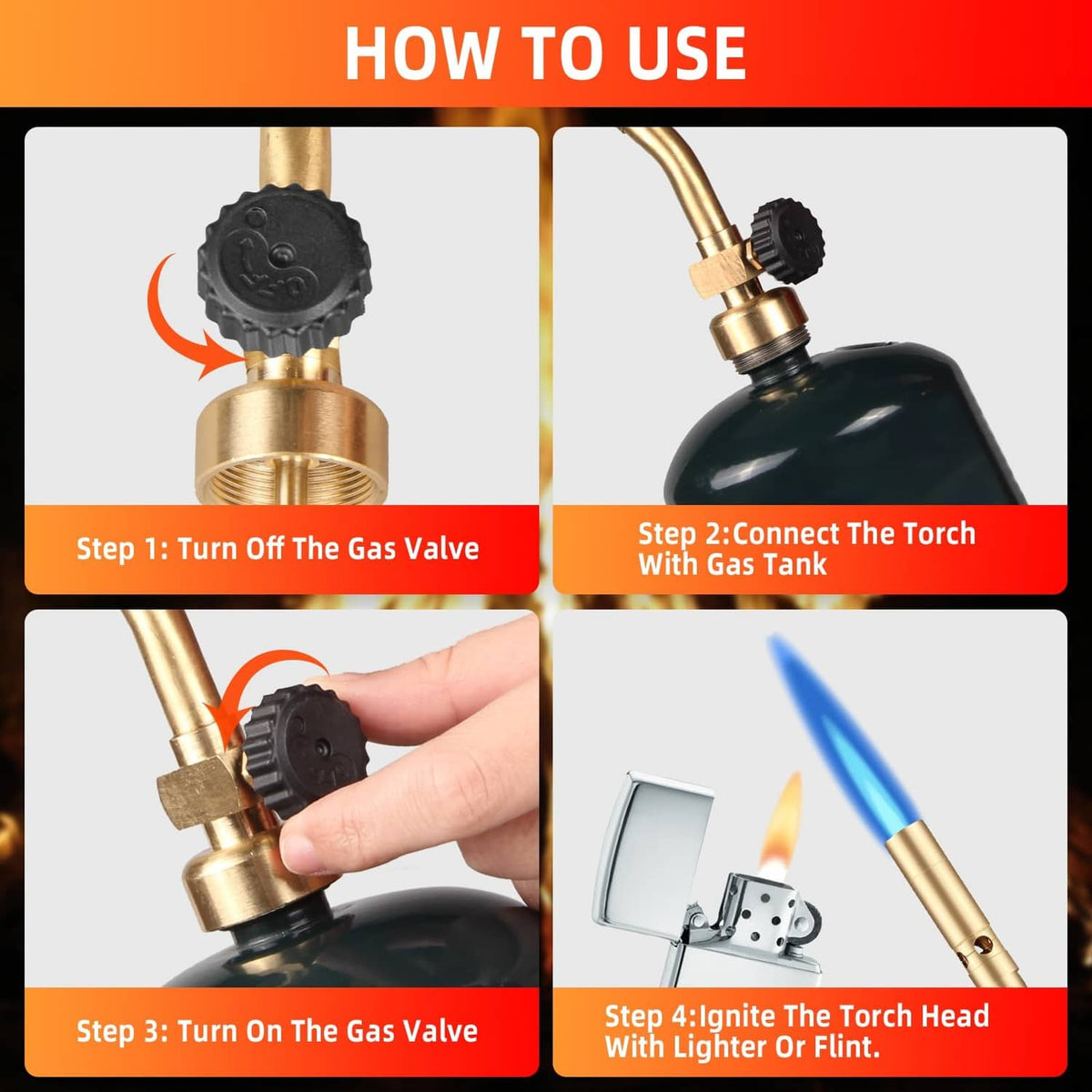 Solid brass propane torch head with black gas-valve knob and hand adjustment