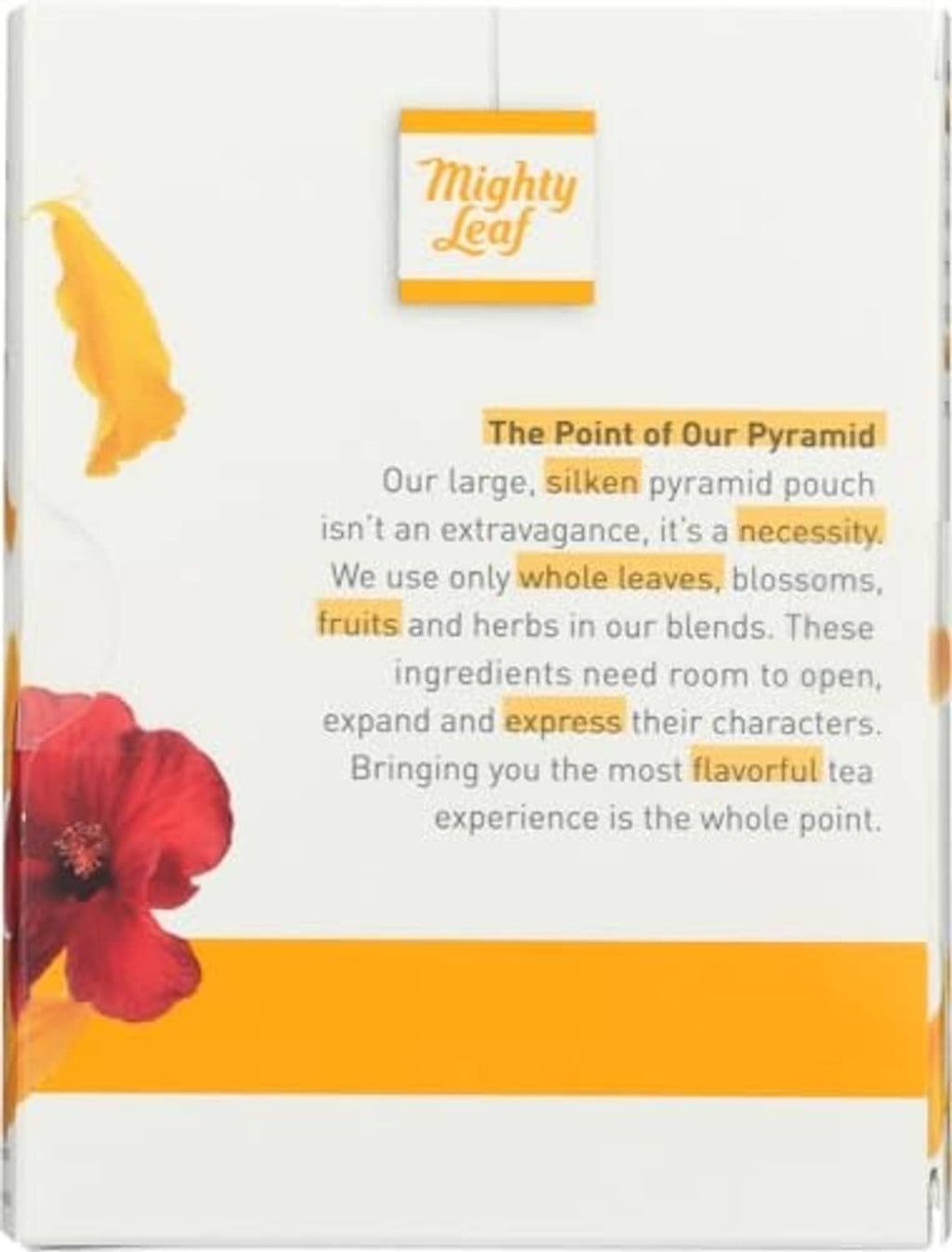 Herbal tea box back with Mighty Leaf logo and orange border, flower graphics