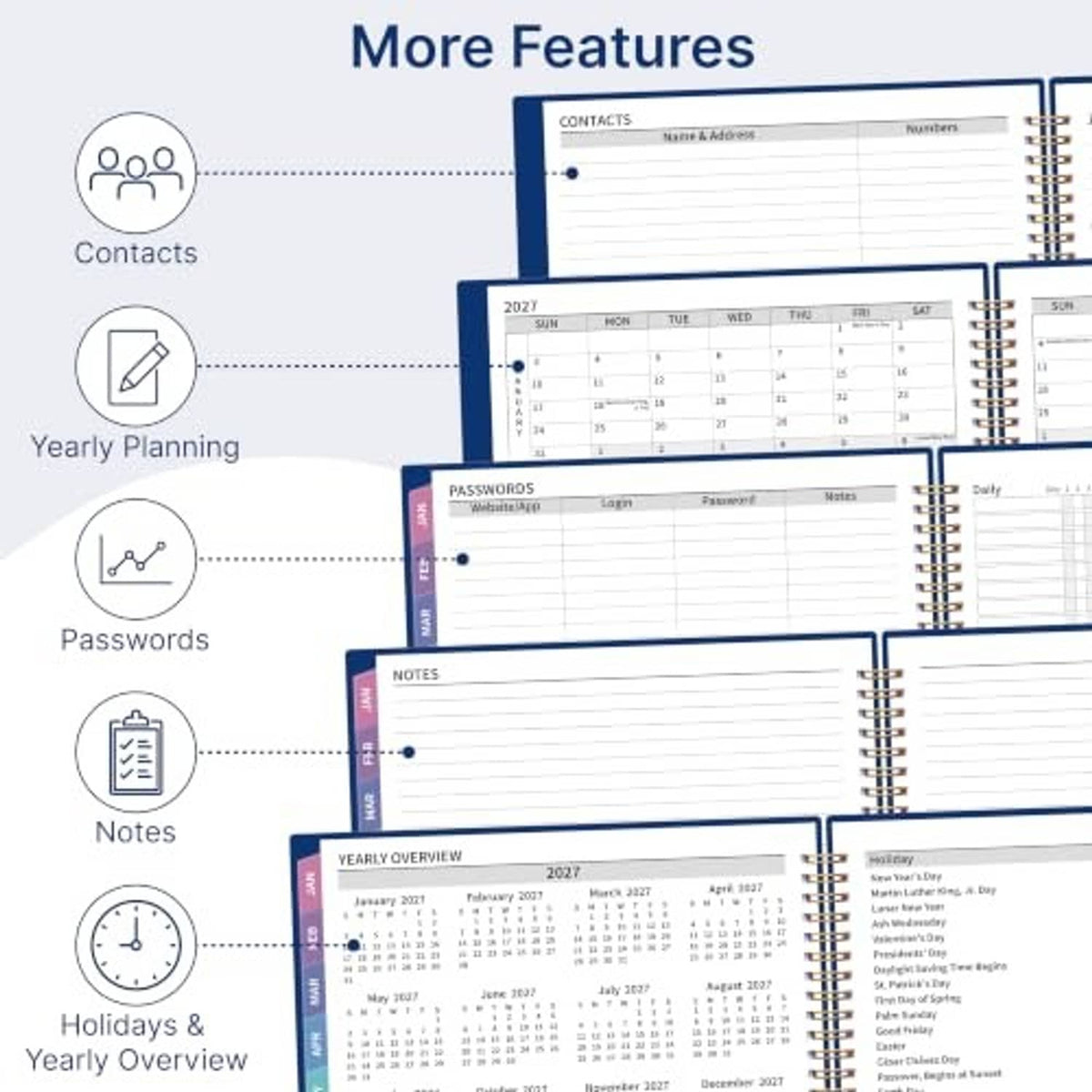 2027 planner showing contacts, yearly planning, passwords, notes, and holidays overview sections.