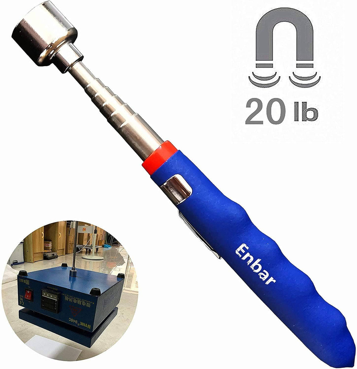 Blue magnetic telescoping pickup tool with 20 lb magnet icon and extendable shaft