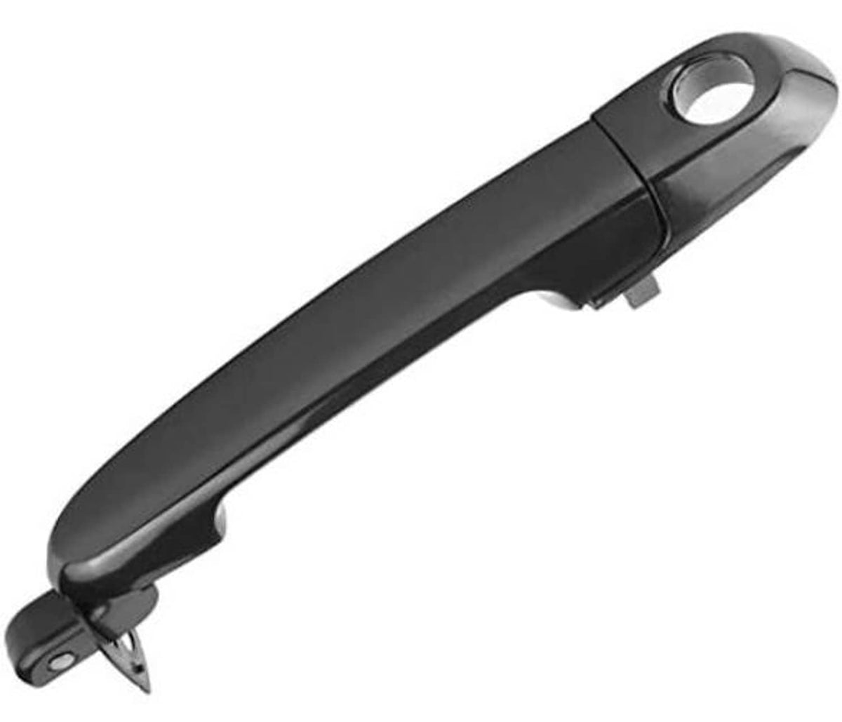 Front left exterior door handle, dark gray/black with mounting base and keyhole