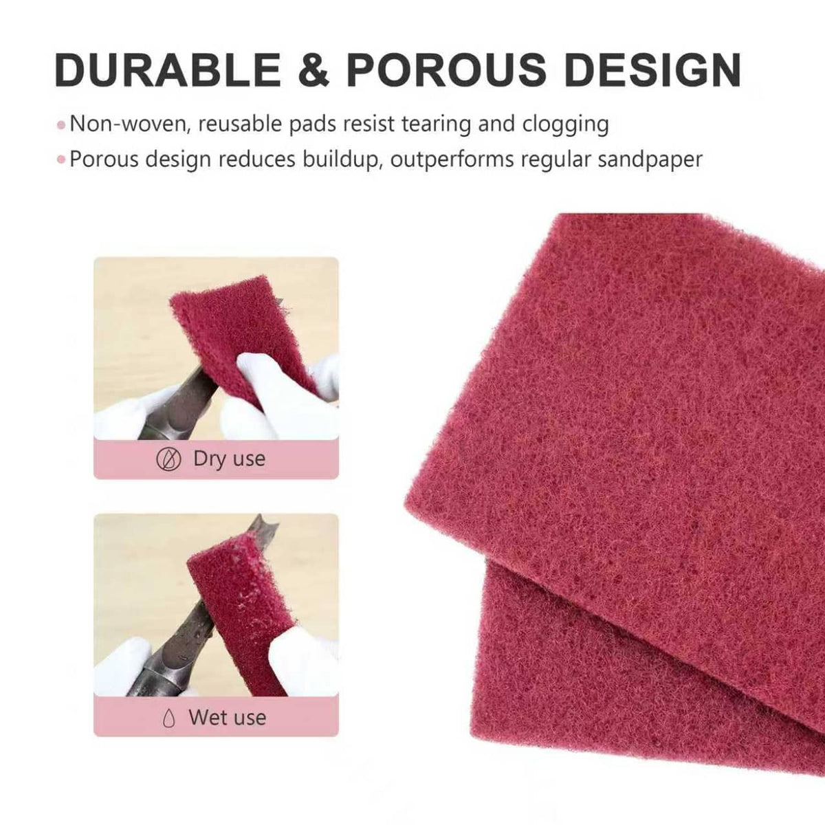 Maroon scuff pads stacked, reusable abrasive sheets with porous nonwoven surface.