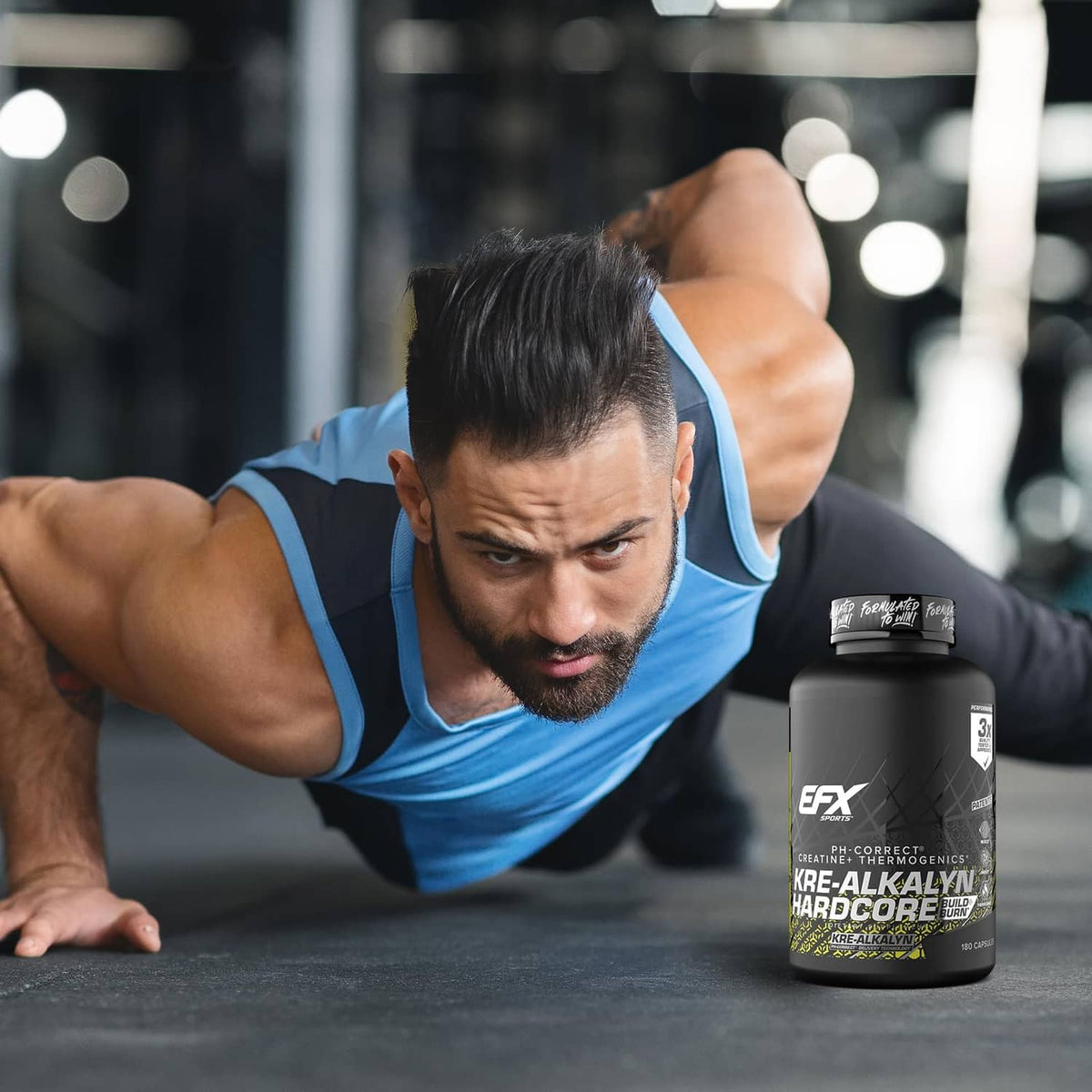 EFX Kre-Alkalyn Hardcore bottle beside an athlete during workout