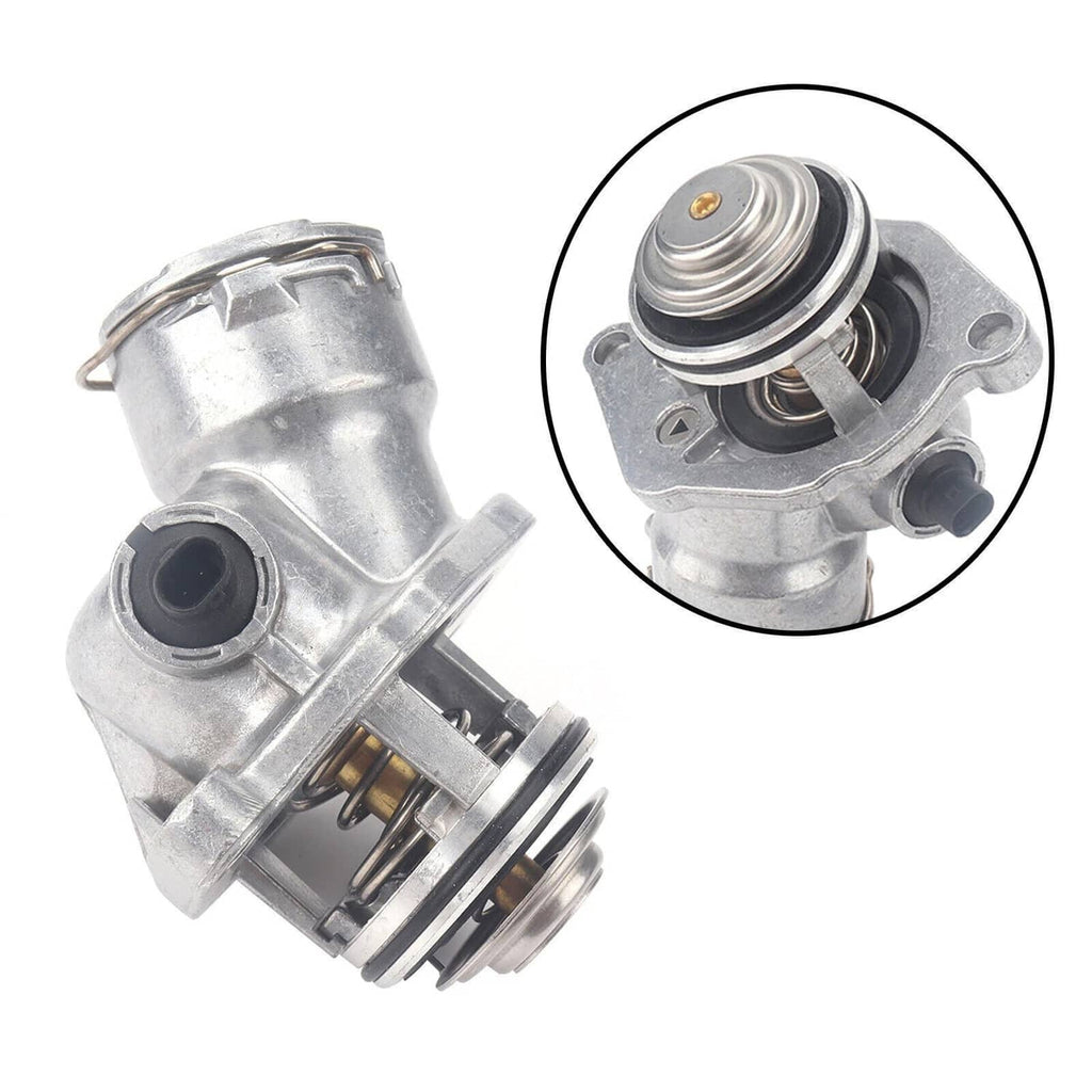 Engine coolant thermostat assembly with sensor, metal housing with hose outlet and valve