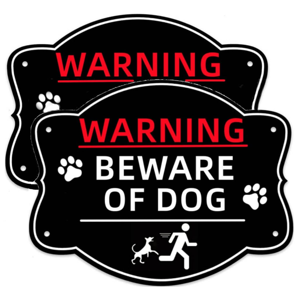 Black warning sign reading “WARNING” and “BEWARE OF DOG” with paw icons