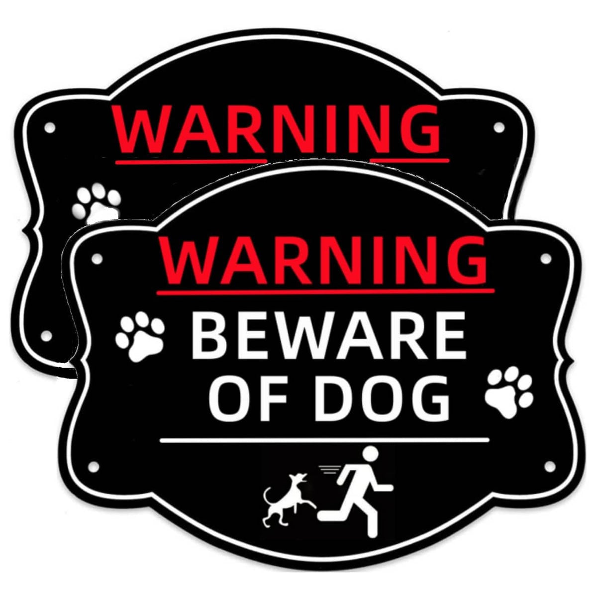 Black warning sign reading “WARNING” and “BEWARE OF DOG” with paw icons