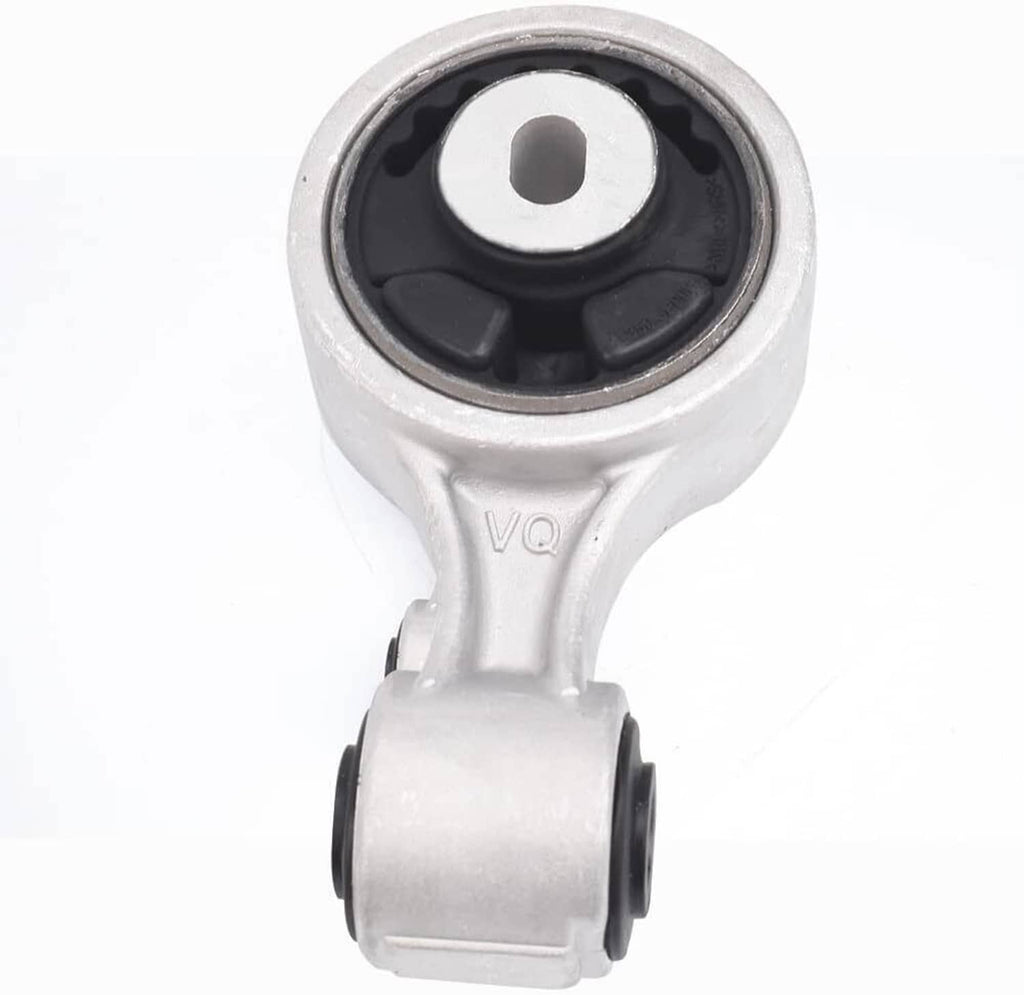 Front engine torque strut mount close-up with black-and-silver bushing assembly