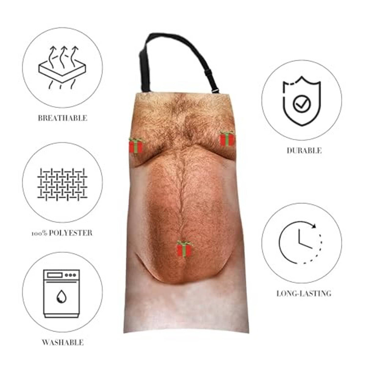 Brown novelty belly apron with black neck strap and waist ties, fun printed design