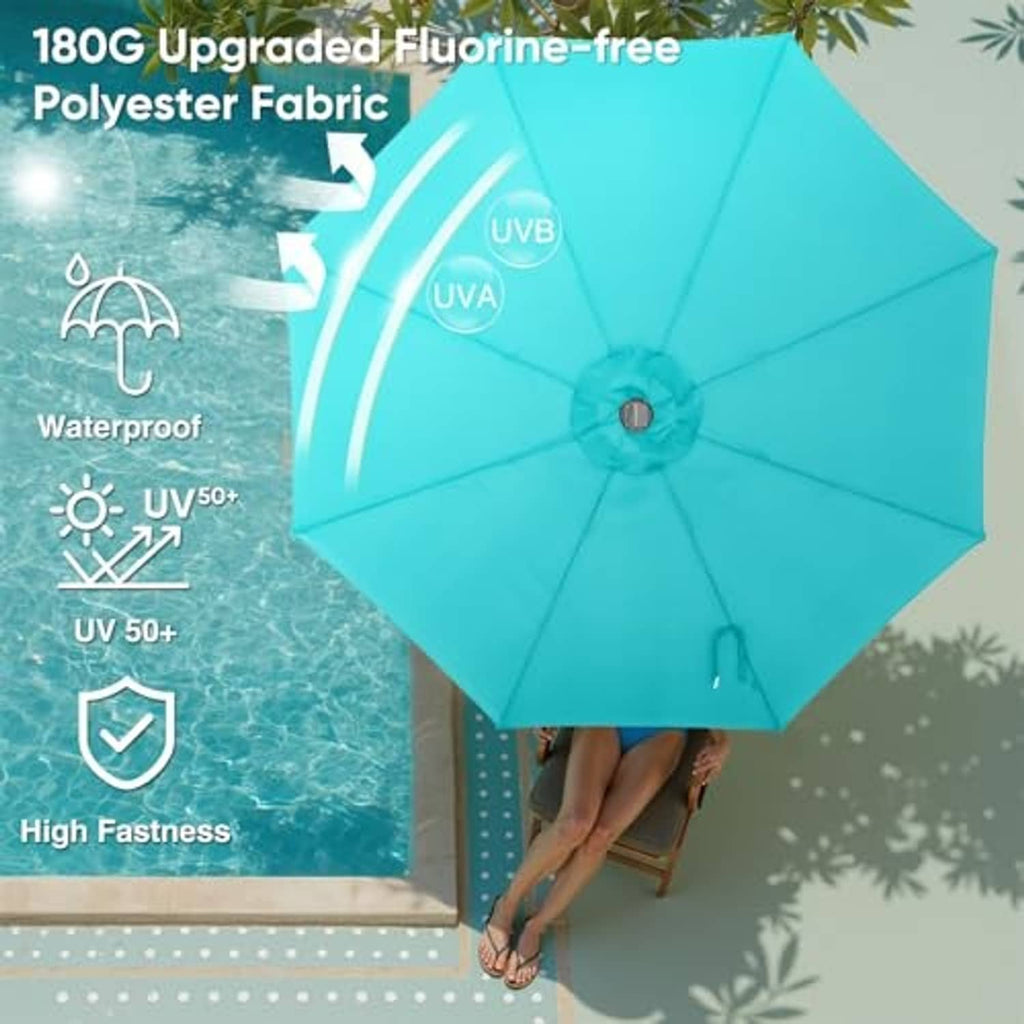 Turquoise umbrella canopy with water-resistant finish and black rib frame