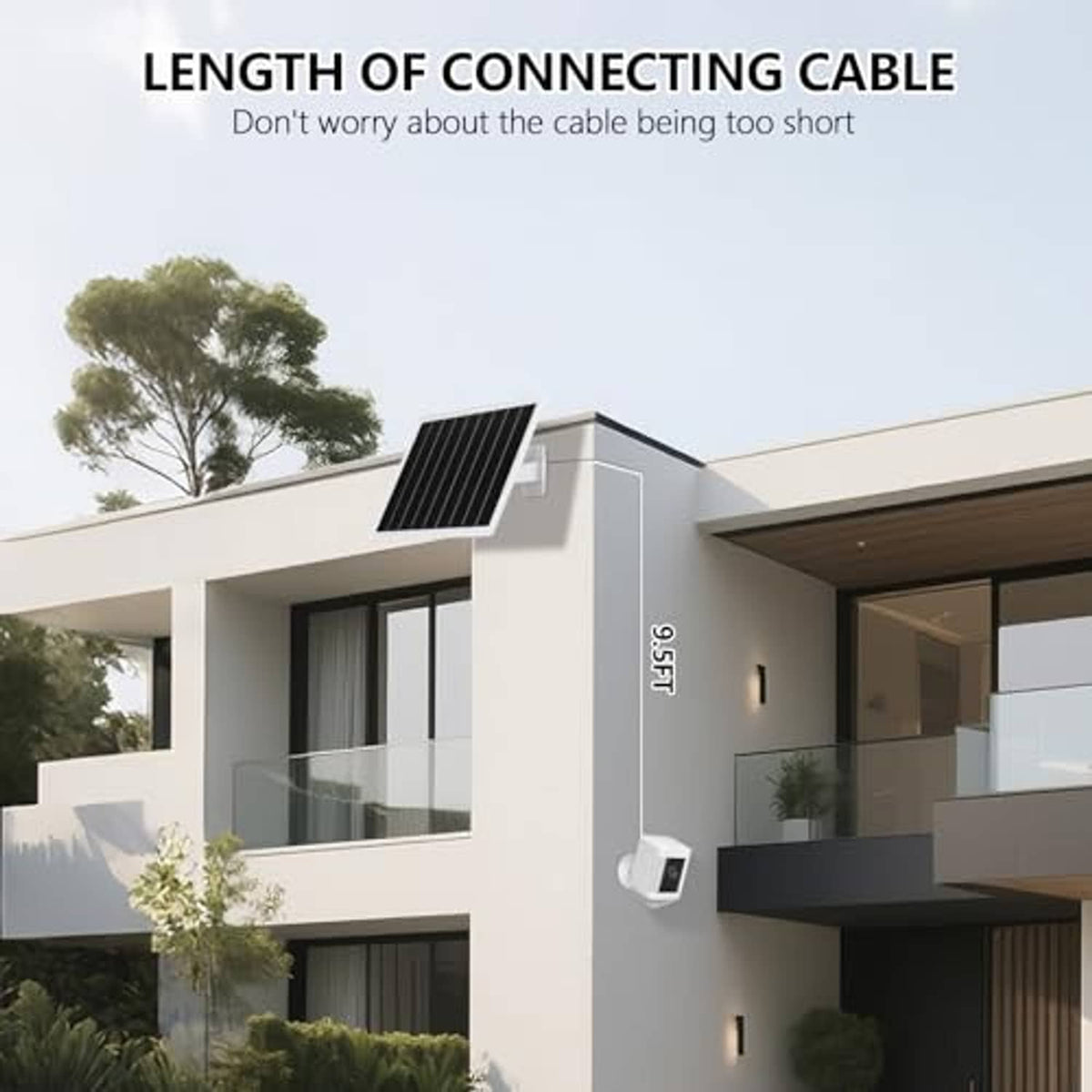 Solar panel on wall with charging cable run and small security camera device