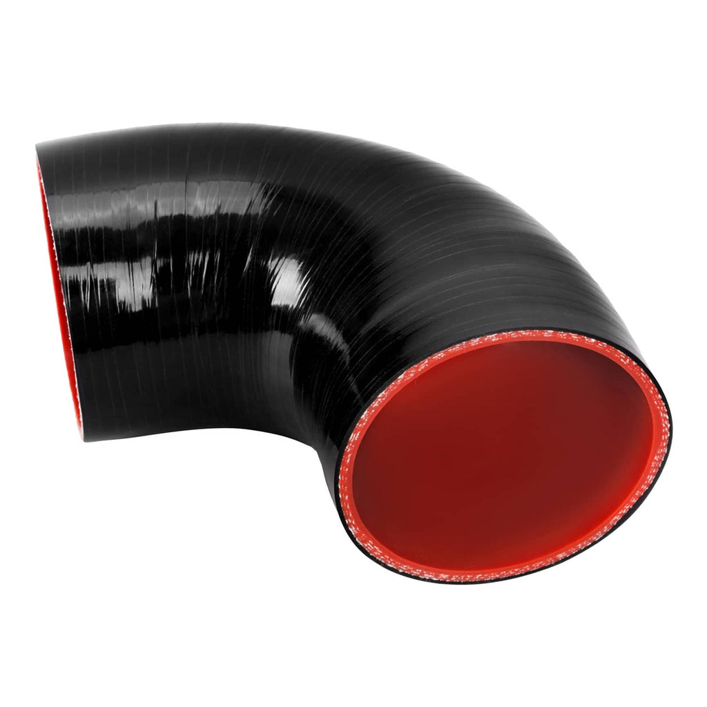 Close-up of black 90-degree silicone hose elbow with red inner opening