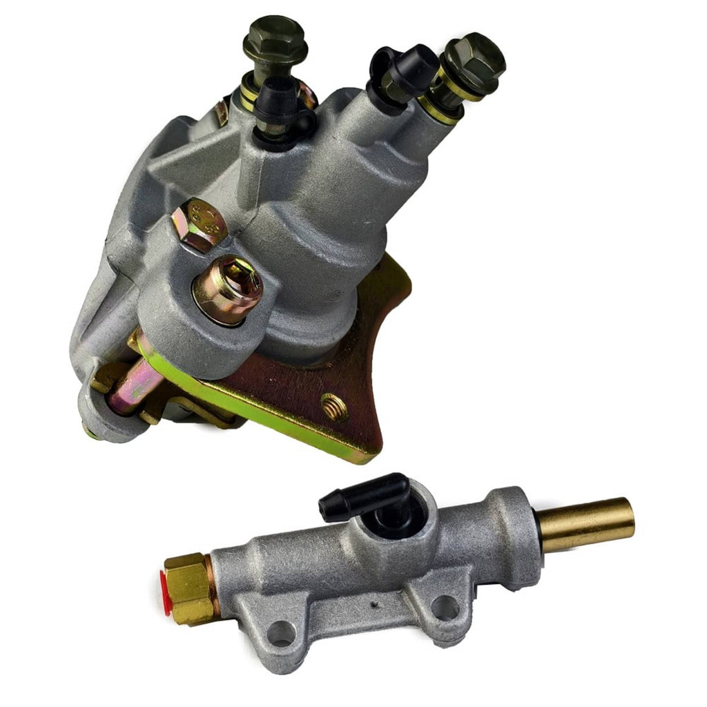 Rear brake caliper and master cylinder assembly, angled view showing ports and bolts