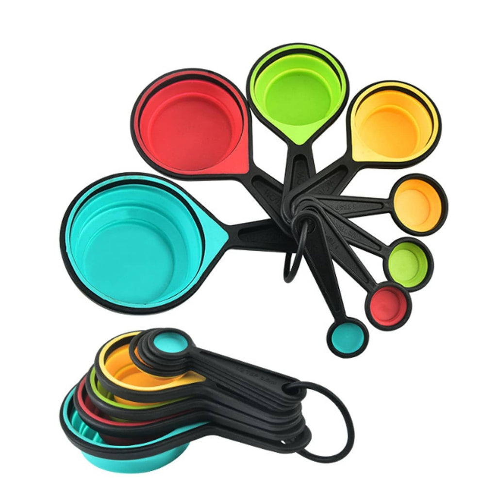 Collapsible silicone measuring cups and spoons set, multicolor cups with black handles