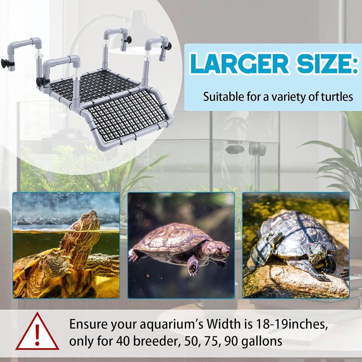 Adjustable turtle basking platform on stand with black grid ramp and gray support pipes